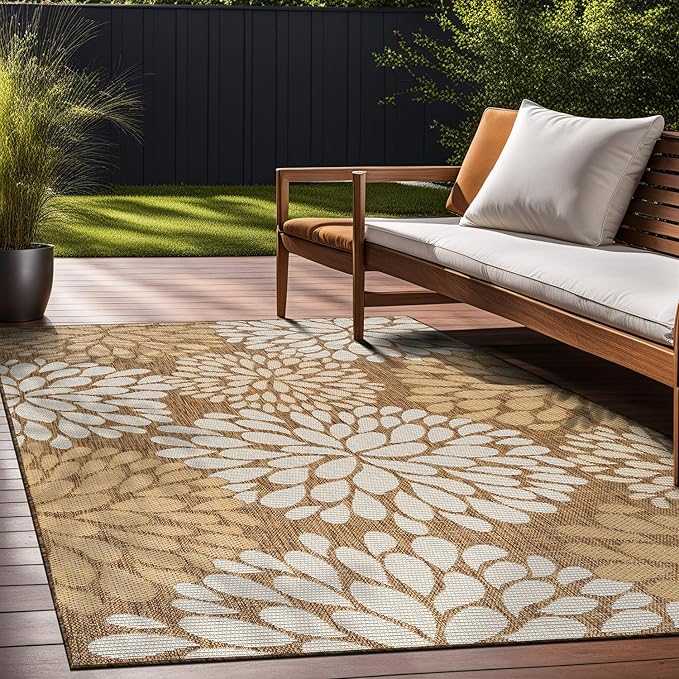 Beverly Rug Outdoor Rug 9x12 Modern Exotic Tropical Leaf Area Rugs for Indoor and Outdoor Patio Deck Porch Garden Water Resistant Washable Outside Carpet (9 x 12 Wooden)