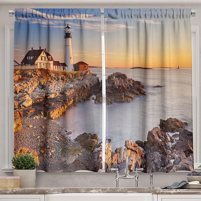 Ambesonne United States Long Kitchen Curtains, Cape Elizabeth Maine River Portland Lighthouse Sunrise USA Coast Scenery, Two Panels Drapes with Rod Pocket Room Decor, 55" x 45", Blue Tan