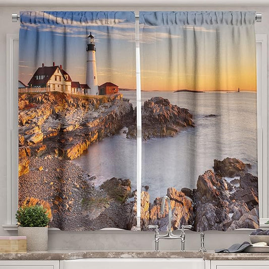 Ambesonne United States Long Kitchen Curtains, Cape Elizabeth Maine River Portland Lighthouse Sunrise USA Coast Scenery, Two Panels Drapes with Rod Pocket Room Decor, 55" x 45", Blue Tan
