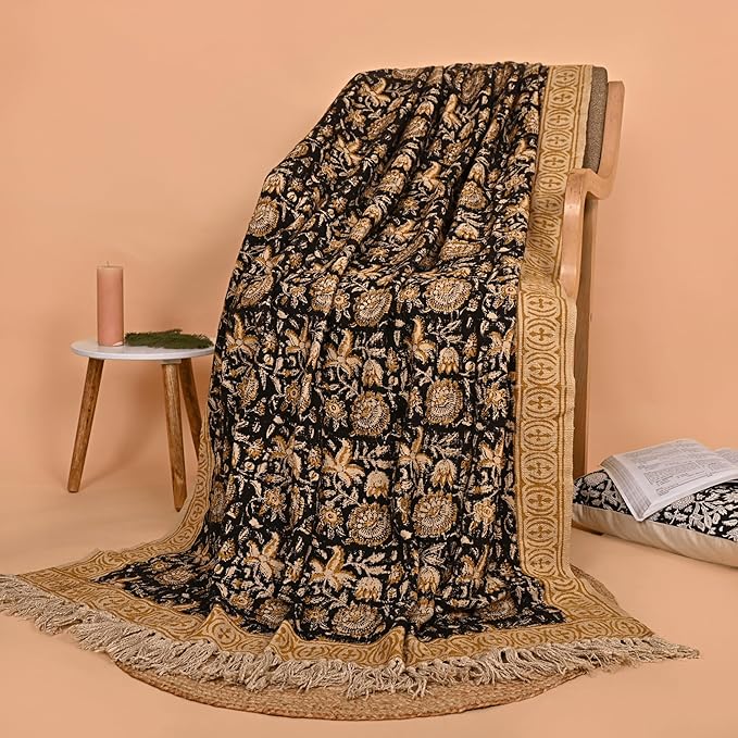 Bohemian Floral Cotton Throw Blanket with Tassels | 48x70 Inch Handblock Printed Sofa Throw | Black & Gold Decorative Bed Cover | Lightweight Couch Throw for Living Room & Bedroom