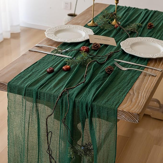3pcs Emerald Green Cheesecloth Table Runner Gauze 120 Inch 10 FT Rustic Boho Cheese Cloth Runner for Wedding Baby Shower Bridal Shower Birthday Party Long Sheer Home Decorations