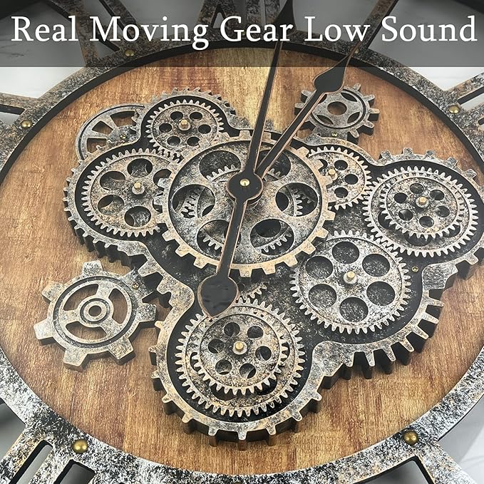 27 Inch Moving Gear Wall Clock, Oversized Wall Clocks, Clock Living Room Decor, Solid Wood Frame, Battery Operated, Large Wall Clock with Steampunk Industrial for Fireplace(Brown)
