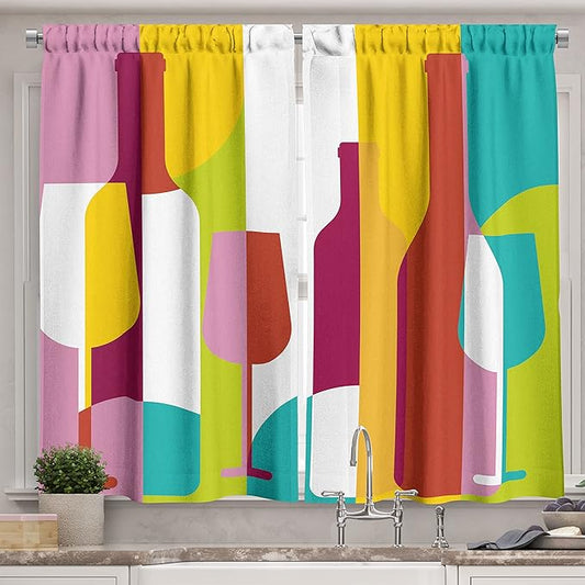 Ambesonne Wine Long Kitchen Curtains, Colorful Abstract Wine Bottle Glass Silhouettes Modern Party Drinks Geometric Design, Two Panels Drapes with Rod Pocket Room Decor, 55" x 45", Yellow Magenta