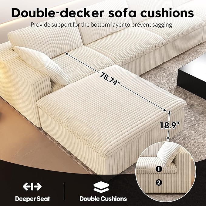 118" L Shaped Modern Sofa Modular Sectional Cloud Couch with Ottoman,Deep Seat Upholstered Couches with Plush Corduroy Fabric for Living Room Furniture,Bedroom and Apartment,No Assembly Required,White