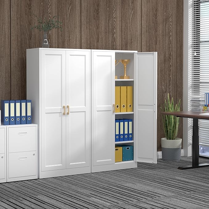 60" Tall Metal Pantry Cabinet, White Kitchen Pantry Storage Cabinet with 3 Adjustable Shelves and Gold Handles, Cupboard for Kitchen, Dining Room, Living Room, Bathroom