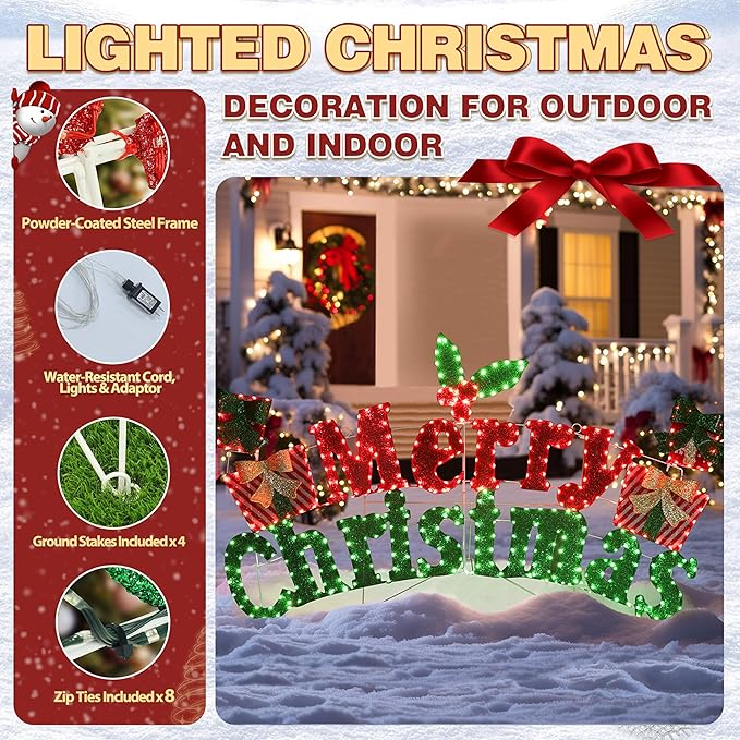6FT Merry Christmas Sign for Decoration, 2-in-1 Pre-Lit Holiday Greeting Sign Decor with 456 LED Lights, Freestanding or Hanging Glittered Holiday Display for Outdoor, Indoor