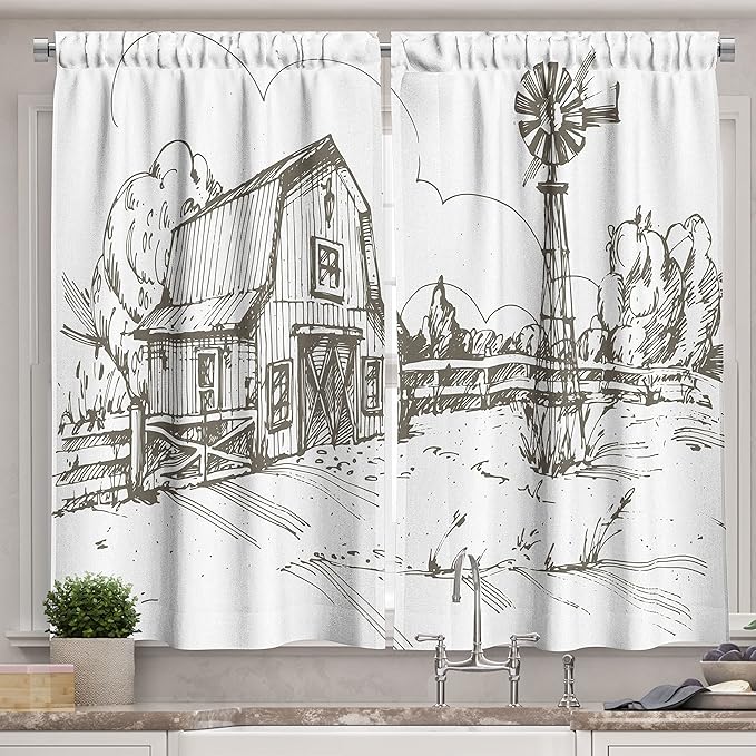 Ambesonne Windmill Kitchen Curtains, Rustic Barn Farmhouse Hand Drawn Illustration Countryside Rural Meadow, Window Drapes 2 Panel Set for Kitchen Cafe Decor, 55" x 39", Taupe