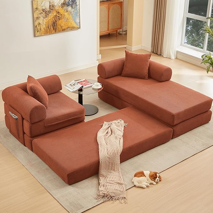 107" Oversized Convertible Sleeper Sofa Bed, Corduroy L Shape Sectional Couch, Folding Sofa Bed with Side Pocket, Modern Cloud Floor Mattress Couch, Modular Sofa for Living Room, Orange