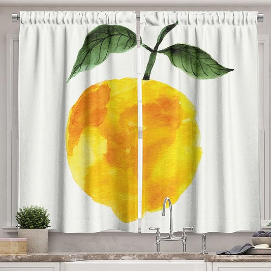 Ambesonne Yellow and Orange Long Kitchen Curtains, Hand Drawn Lemon with Watercolors Inspired by Summer Organic and Natural Food, Two Panels Drapes with Rod Pocket Room Decor, 55" x 45", Yellow Orange