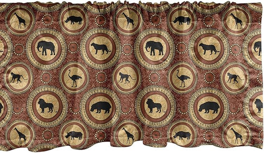 Ambesonne Savannah Window Valance, Medallion Pattern of Monkey Giraffe Lion African Inspired Ethnic Design, Curtain Valance for Kitchen Bedroom Decor with Rod Pocket, 54" X 18", Mustard and Brown