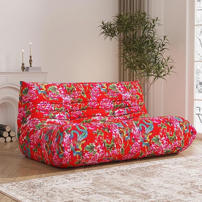 Bean Bag Chair, Loveseat Fireside Chair Bean Bag Sofa Large Bean Bag Chair for Adults, 2 Seater Bean Bag Chairs for Teens with High Density Comfortable Foam, Bean Bag for Living Room, Bedroom (Flower)