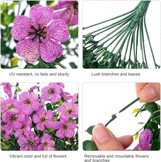 Artificial Faux Hanging Flowers Plants for Outdoor Decor, 2 PCS Outside Fake Silk Violets with Eucalyptus UV Resistant Realistic Daisy Trailing Vines for Planter Front Door Balcony Patio Yard, Purple