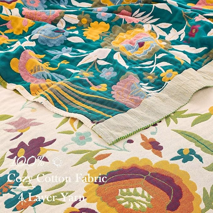 Boho Throw Blanket for Bed, 100% Cotton Soft Rustic Quilt Fall Blanket, 80" 90" Floral Printed Farmhouse Decor Bed Blankets, All Season Rustic Reversible Bohemian Throw Quilt