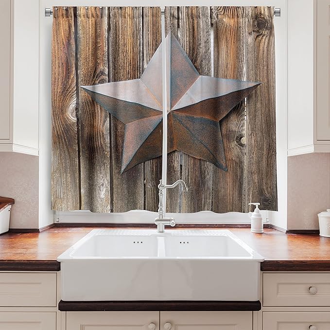 Ambesonne Prehistoric Country Long Kitchen Curtains, Antique Rusty Star on The Weathered Wooden Planks Vintage Retro Image, Two Panels Drapes with Rod Pocket Room Decor, 55" x 45", Brown Taupe