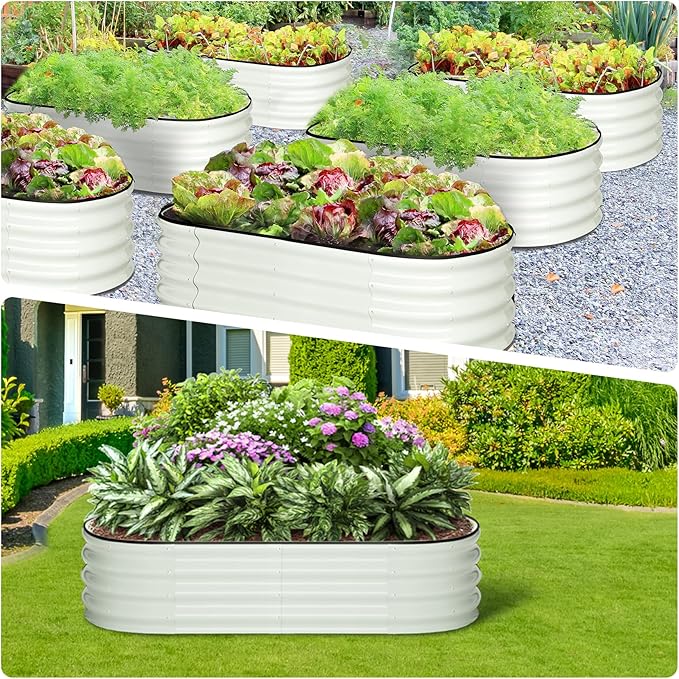 2 Pcs 4.5x2x2ft Oval Raised Garden Bed, Galvanized Raised Beds,Open-Ended Base Metal Raised Planter Beds,Garden Bed Outdoor,Planter Raised Boxes for Vegetables, Flowers,Tool-Free Asse,White