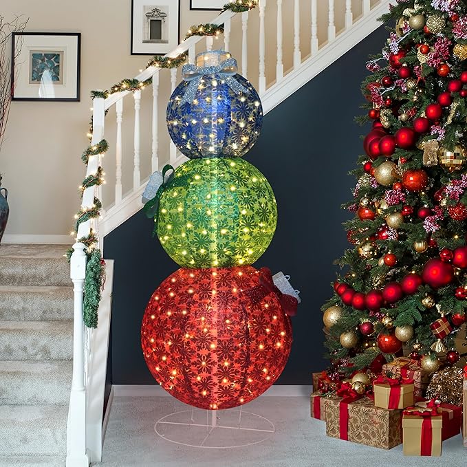 5FT Lighted Pop Up Stackable Ornaments for Christmas Decoration, 3D Pre-Lit Decor with 210 LED Lights with Easy Pop-Up Design, Freestanding Glittered Holiday Display for Outdoor, Indoor
