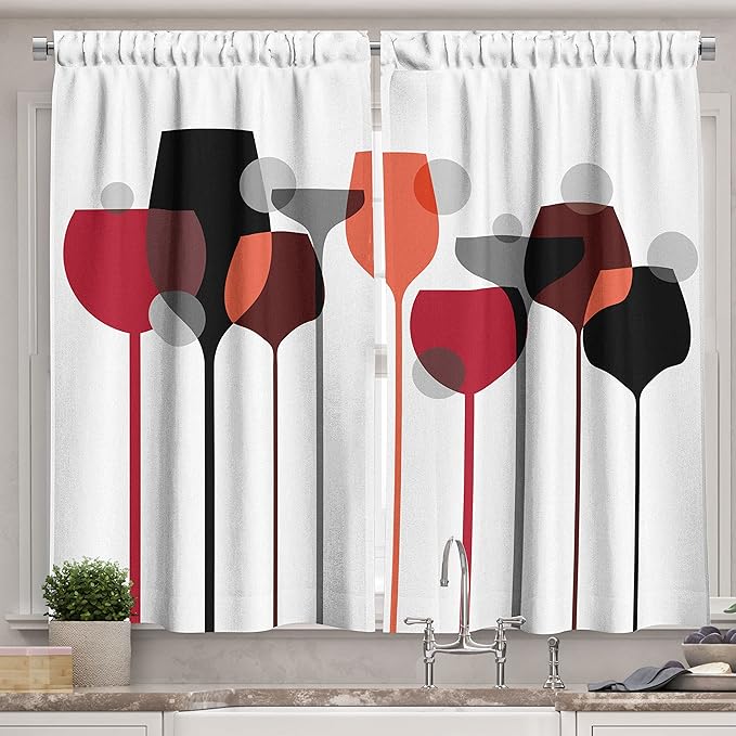 Ambesonne Wine Long Kitchen Curtains, Abstract Wine Glasses Silhouettes with Dots Alcohol Drink Modern, Two Panels Drapes with Rod Pocket Room Decor, 55" x 45", Black Grey