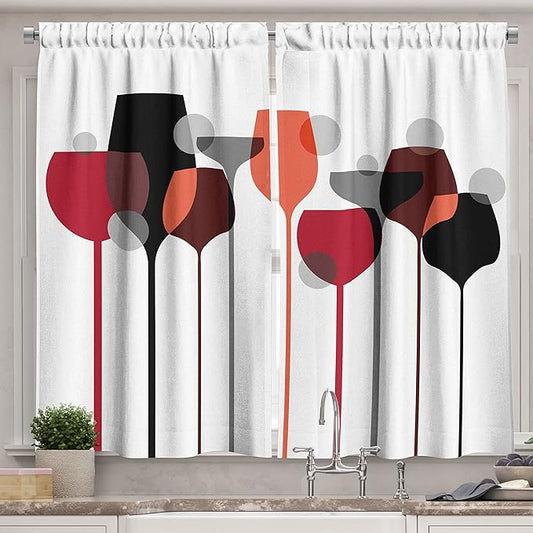 Ambesonne Wine Long Kitchen Curtains, Abstract Wine Glasses Silhouettes with Dots Alcohol Drink Modern, Two Panels Drapes with Rod Pocket Room Decor, 55" x 45", Black Grey
