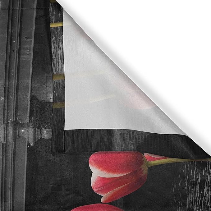 Ambesonne Black and White Long Kitchen Curtains, Monochrome Photo of Amsterdam Canal with Red Tulips and Houses, Two Panels Drapes with Rod Pocket Room Decor, 55" x 45", Red Black