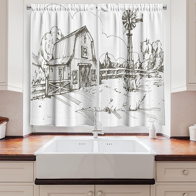 Ambesonne Windmill Kitchen Curtains, Rustic Barn Farmhouse Hand Drawn Illustration Countryside Rural Meadow, Window Drapes 2 Panel Set for Kitchen Cafe Decor, 55" x 39", Taupe