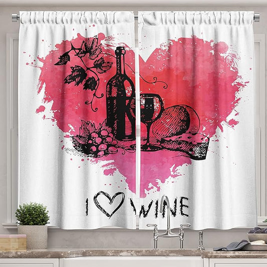 Ambesonne Wine Kitchen Curtains, Hand Drawn Sketch Illustration with Splash Watercolor Heart I Love Wine Theme, Window Drapes 2 Panel Set for Kitchen Cafe Decor, 55" x 39", Black Coral