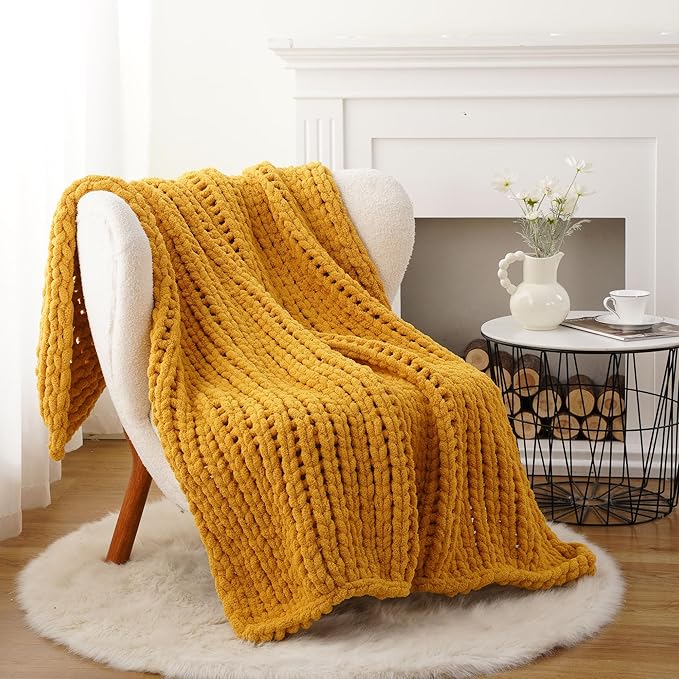 Battilo Chunky Knit Throw Blanket, Soft and Thick Chenille Throw Blanket, 50"x60" Handmade Cable Knit Crochet Blanket, Large Rope Knot Throw Blankets for Couch Sofa Bed Home Decor, Mustard