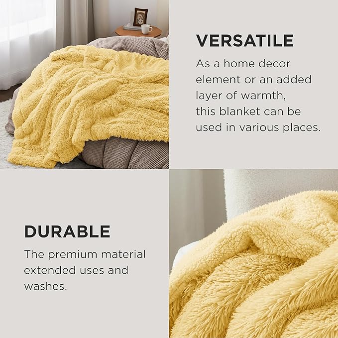 Bedsure GentleSoft Fluffy Yellow King Size Blanket for Bed, Thick Soft Sherpa Faux Fur Fleece Bedding Fuzzy Plush Winter Warm Heavy Big Large King Blanket, Cozy Yellow Gifts for Men Women, 108x90