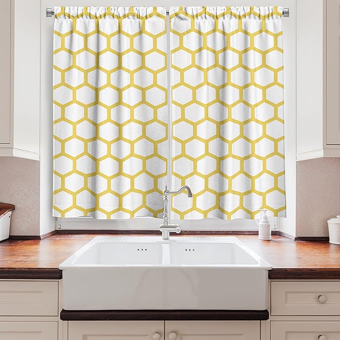 Ambesonne Yellow and White Long Kitchen Curtains, Hexagonal Pattern Honeycomb Beehive Simplistic Geometrical Monochrome, Two Panels Drapes with Rod Pocket Room Decor, 55" x 45", White Yellow