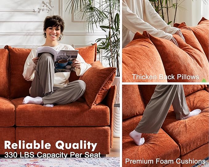 102.6" Modular Sectional Sofa, Oversized 3-Seater Terracotta Orange Couch with Removable Chenille Fabric Cover, Deep Seat & High Backrest for Living Room, Office & Apartment