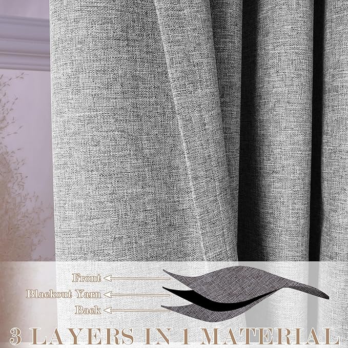 100% Blackout Linen Textured Drapes for Bedroom Pinch Pleated Curtains for Track System Portable Drapery for Sliding Glass Door/Storage/Space Room Divider, 70" Wx96 L, 1 PC, Light Grey