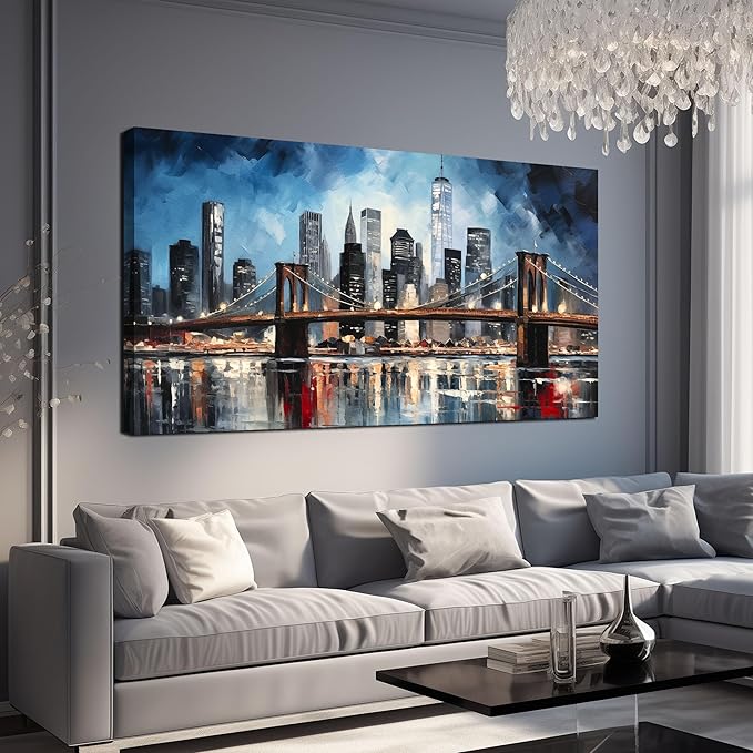 Brooklyn Bridge Wall Art for Bedroom,Modern City Large Canvas Wall Art Living Room,Blue Home Office Decor 29 x 59 Inch