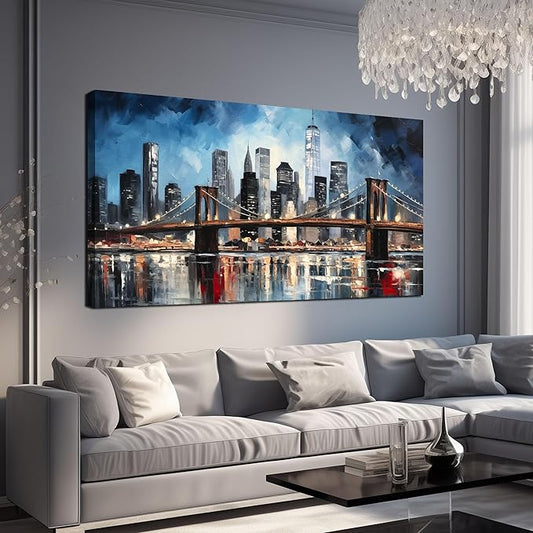 Brooklyn Bridge Wall Art for Bedroom,Modern City Large Canvas Wall Art Living Room,Blue Home Office Decor 29 x 59 Inch