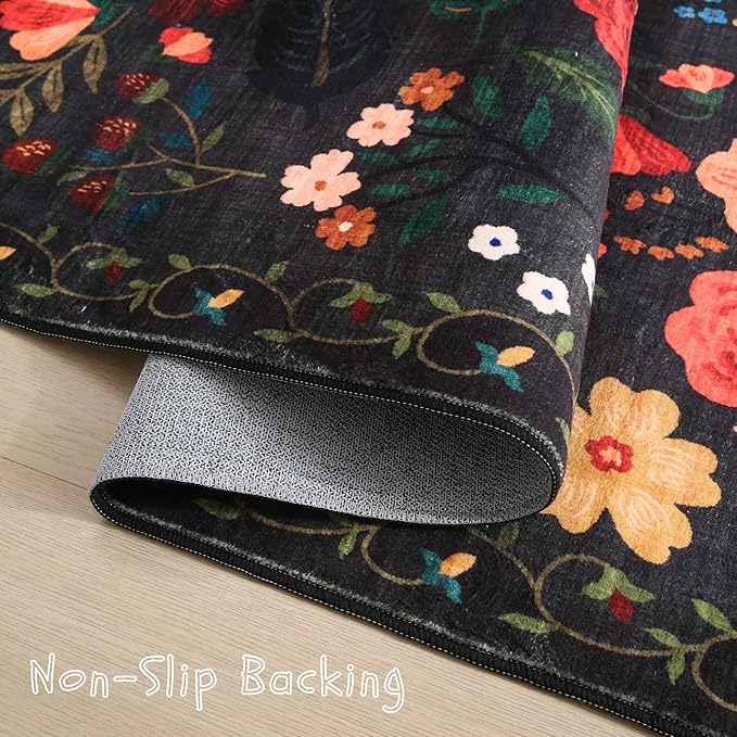 Area Rugs 9x12 Living Room Clearance Washable Boho Rug Non Slip Floral Vintage Low Pile Large Rug for Living Room, Bedroom, Farmhouse, Dining Room, Kids Playroom(Black)