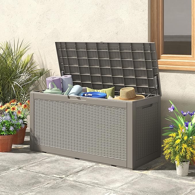 100 Gallon Deck Box Lockable Resin Outdoor Storage Box waterproof Outdoor Container for Patio Furniture Cushions, Pillow