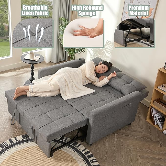 52" Sleeper Sofa with Pull-Out Bed, 3-in-1 Convertible Sofa Bed, Loveseat with Stepless Adjustable Backrest and Side Pocket, for Living Room Dorm Apartment, Linen, Light Gray