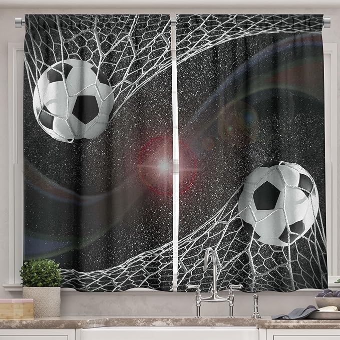 Ambesonne Teen Room Kitchen Curtains, Soccer Balls Goal Match Success Concept in The Outer Space Winner Glory Theme, Window Drapes 2 Panel Set for Kitchen Cafe Decor, 55" x 39", Black Magenta
