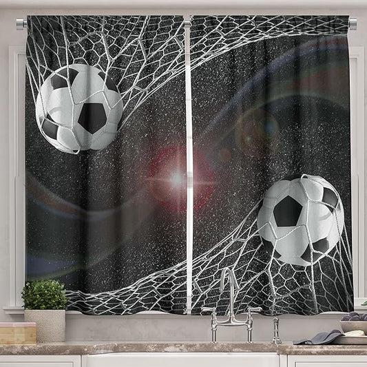 Ambesonne Teen Room Kitchen Curtains, Soccer Balls Goal Match Success Concept in The Outer Space Winner Glory Theme, Window Drapes 2 Panel Set for Kitchen Cafe Decor, 55" x 39", Black Magenta