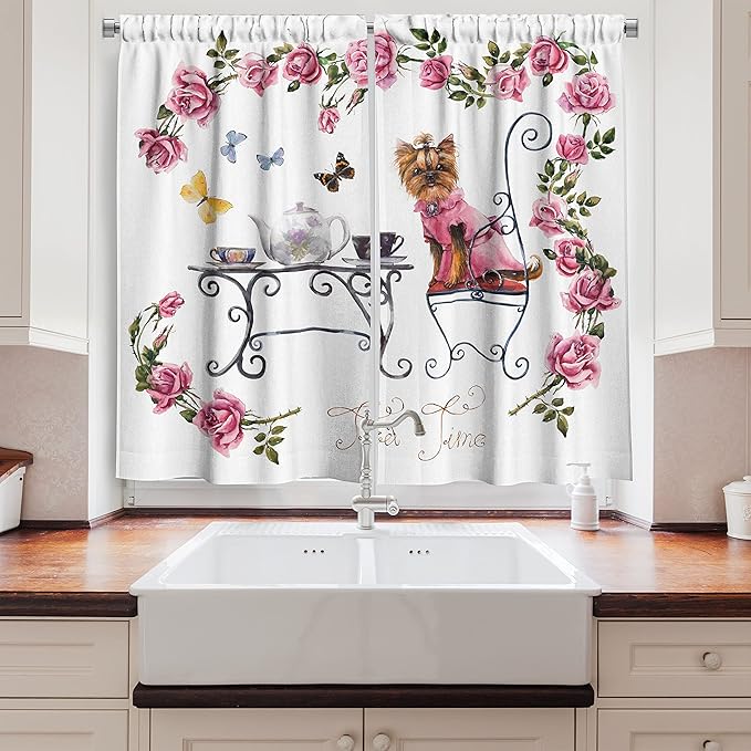 Ambesonne Yorkie Kitchen Curtains, Yorkshire Terrier in Pink Dress Having a Tea Party Tea Time Butterflies Roses, Window Drapes 2 Panel Set for Kitchen Cafe Decor, 55" x 39", Pink White
