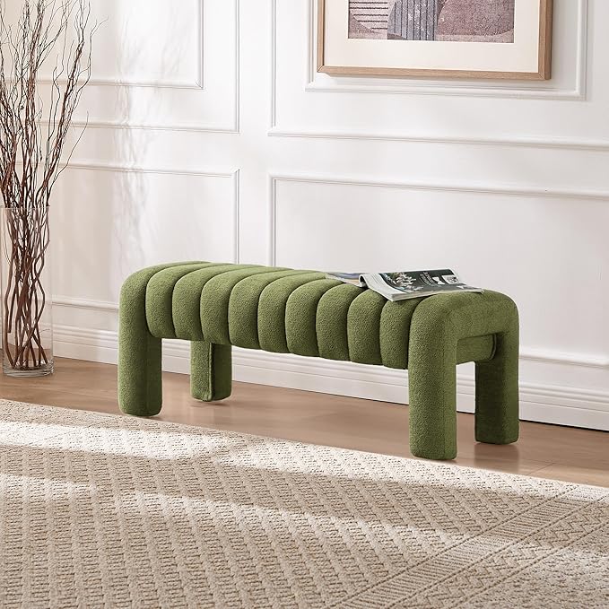 43.3" Bedroom Bench, Upholstered Entryway Bench, Modern End of Bed Ottoman with Solid Wood Legs and Adjustable Foot Pegs for Entryway, Dining Room and Living Room (Green Boucle)