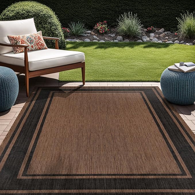 Beverly Rug Large Outdoor Rug 9x12 Modern Bordered Area Rugs for Indoor and Outdoor Patio Deck Porch Garden Waterproof Weather Sun Resistant Washable Outside Carpet (9 x 12 Gold)