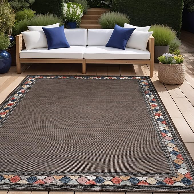 Beverly Rug Outdoor Rug 8x10 Modern Bordered Area Rugs for Indoor and Outdoor Patio Easy to Clean Non Shedding Living Room Porch Garden Washable Outside Carpet (8 x 10 Brown)