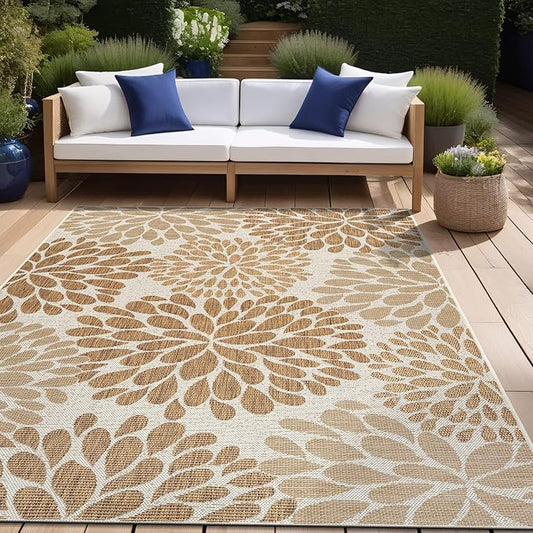 Beverly Rug Outdoor Rug 10x14 Modern Exotic Tropical Leaf Area Rugs for Indoor and Outdoor Patio Deck Porch Garden Water Resistant Washable Outside Carpet (10 x 14 Beige)