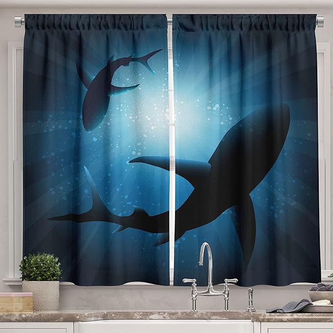 Ambesonne Shark Long Kitchen Curtains, Silhouette of The Fishes Swimming at Twilight Night Moon Mystic Sea Scenery, Two Panels Drapes with Rod Pocket Room Decor, 55" x 45", Aqua Blue