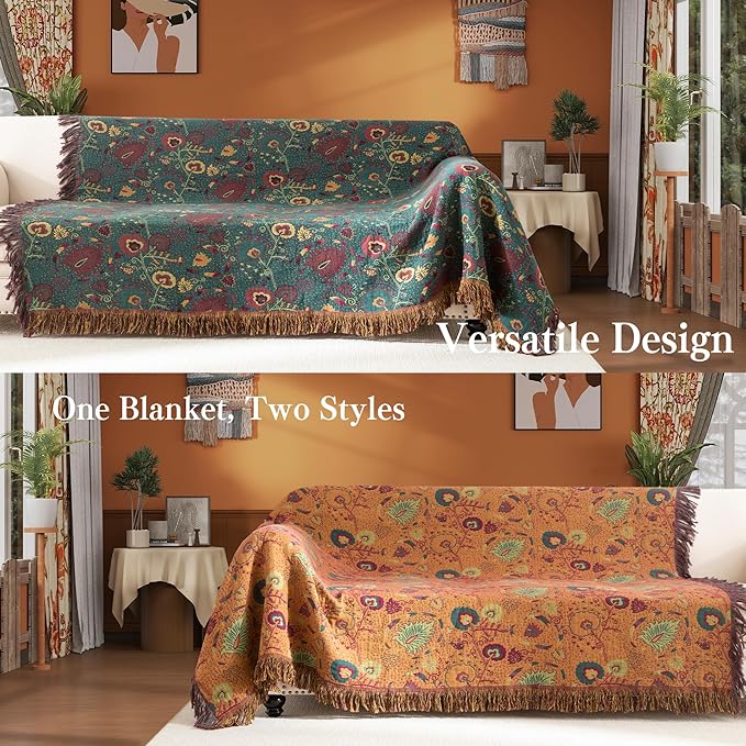 Boho Throw Blanket Full Size, Extra Large Soft Cozy Cotton Muslin Quilt Blanket for Bed Decor, Floral Patterned Couch Sofa Chair Cover, Vintage Farmhouse Cottage Woven Blanket, Green&Orange