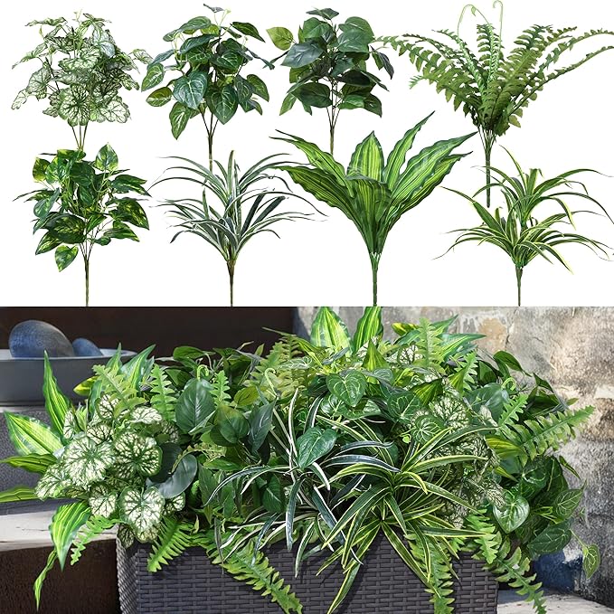 Artificial Greenery Plants Fake Plastic Leaves with Stems UV Resistant Large Bunches Outside Faux Plants Bushes for Outdoor Patio Garden Front Porch Yard Decor (Green)