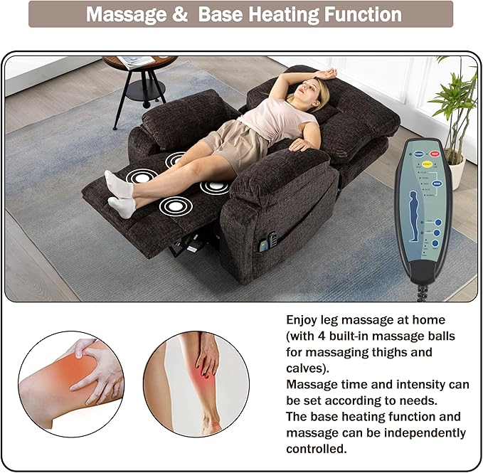 4 OKIN Motor Power Lift Recliner Chair for Elderly Adults Extra Large Lay Flat Recliners with Massage Heat, Adjustable Head-Back-Lumbar-Leg-Support, Extended Footrest, 2 Cup Holders