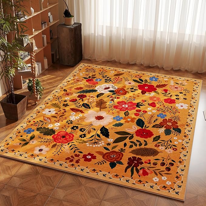 Area Rug 4x6 Rug Washable Boho Rugs Non Slip Low Pile Floral Small Carpet for Bedroom, Bedside, Kids Room, Office, Dining Room(Yellow)