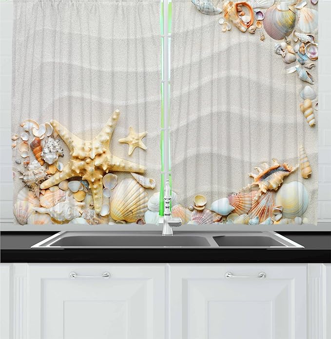 Ambesonne Starfish Kitchen Curtains, Seacoast with Sand with Colorful Various Seashells Tropics Aquatic Wildlife Theme, Window Drapes 2 Panel Set for Kitchen Cafe Decor, 55" x 24", White Coral