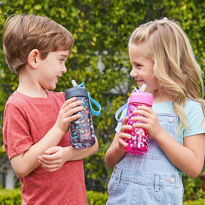 Bentgo Kids Water Bottle - Leak-Proof, Durable Tritan™, BPA-Free 15 oz. Cup for Kids/Toddlers Ages 3+ - Flip-Up Straw & Dishwasher Safe for School, Sports, Daycare & Camp (Rainbows & Butterflies)