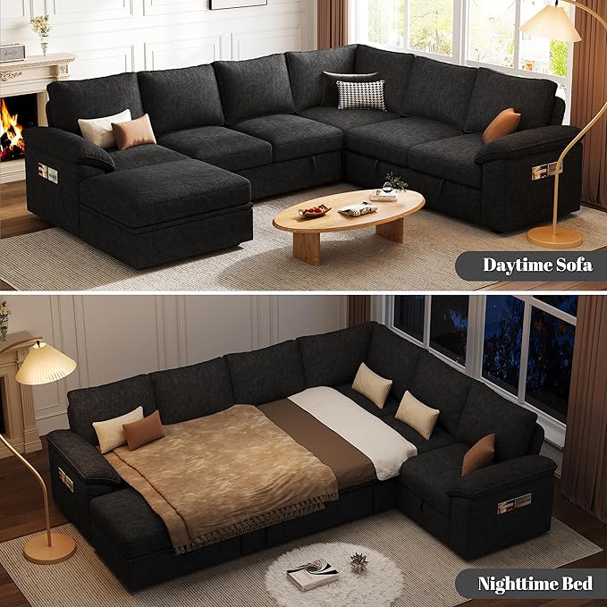 108 Inch Modular Sectional Sofa with Pull Out Bed,U Shaped 7 Seat Sectional Sleeper Sofa with Storage,Sectional Couches for Living Room,Cloud Modular Couch,Removable Sofa Cover,Black